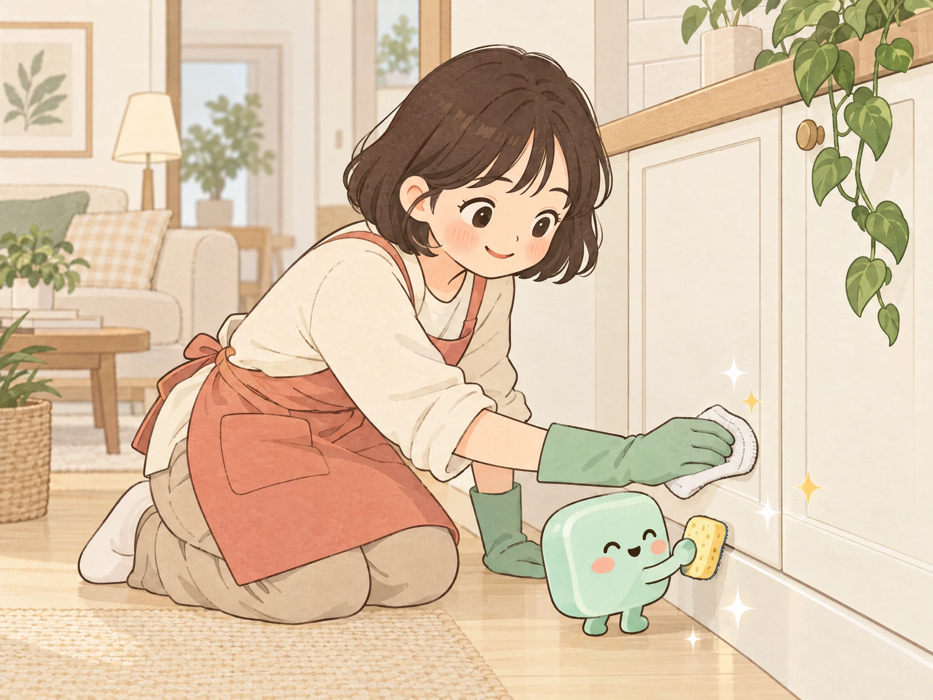 여성 청소 캐릭터가 수납장 모서리를 섬세하게 닦는 모습